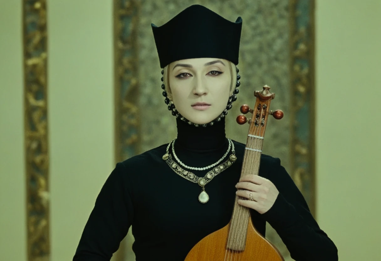 <lora:The_Color_Of_Pomegranates:1>sayatnova, black hat,  black clothes, lute, necklace,