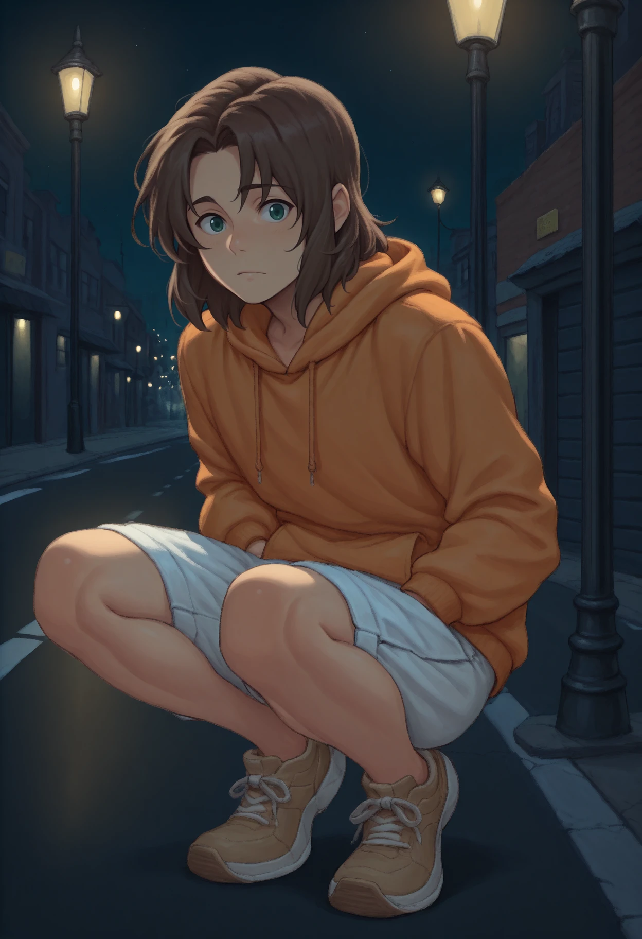 masterpiece, best quality, 1boy, solo, <lora:NSLithuaniaHetalia:1> NSLithMisc, brown hair, medium hair, green eyes, orange hoodie, outdoors, night, street, lamppost, hands in pockets, full body, shoes, white shorts, squatting, looking at the viewer