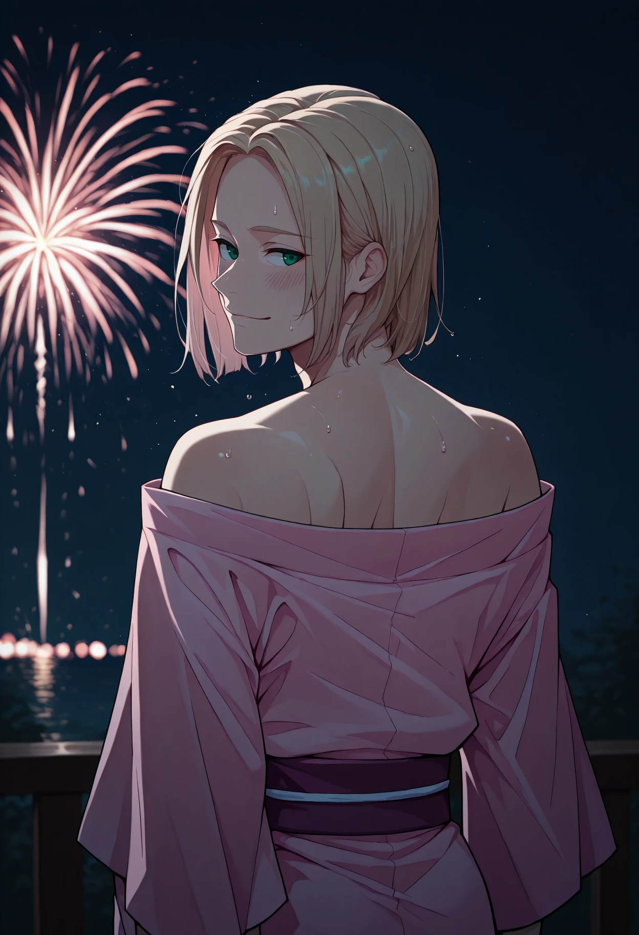 masterpiece, best quality, 1boy, solo, <lora:NSPolandHetalia:1> NSPolandMisc, medium hair, green eyes, blonde hair, androgynous, looking back, from behind, off-shoulder kimono, pink kimono, light smile, blush, bare shoulders, rimlight, night, japanese clothes, fireworks, depth of field, sweat, arms at sides