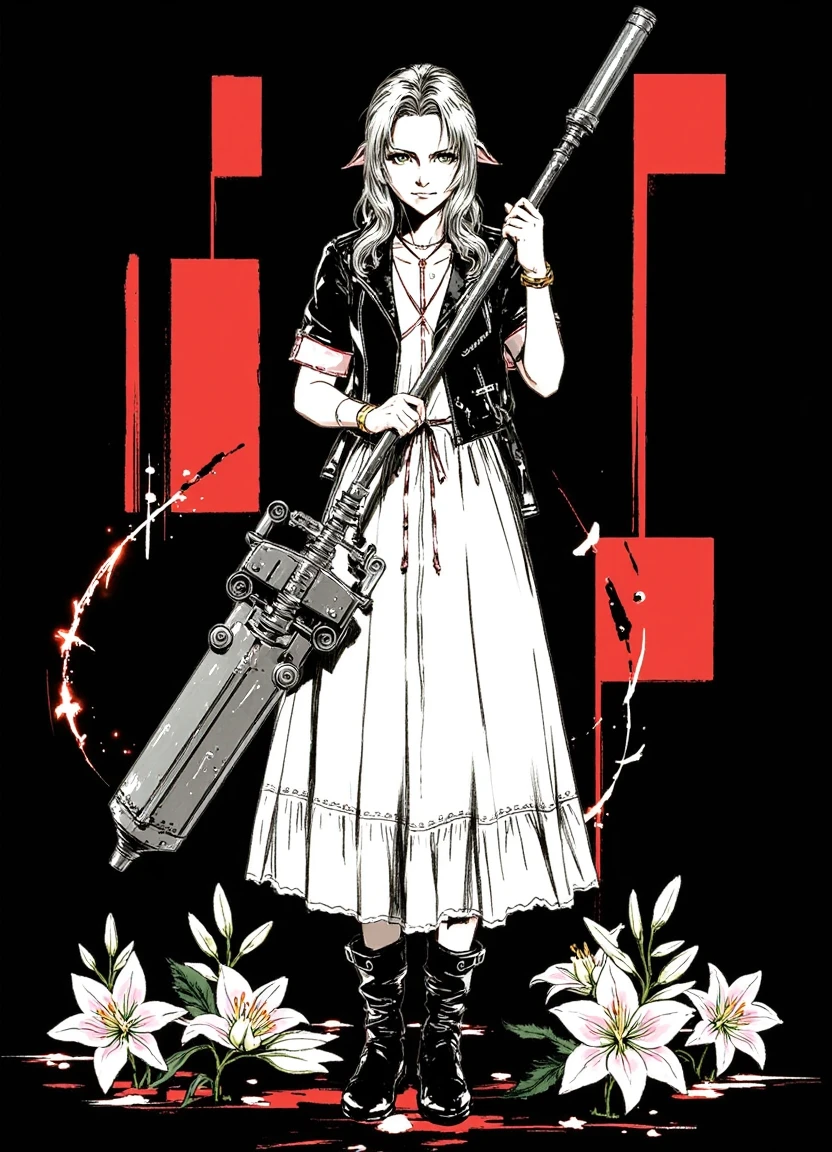 yoji_style, aerith, short jacket, rolled up sleeves, long dress, boots, holding long ornate metal staff, standing legs apart in battle pose, determined expression with a mischievous smirk on her face. black and white and red, rectangles, brush strokes, splatters. black background. lily flowers on ground, magic trails around her