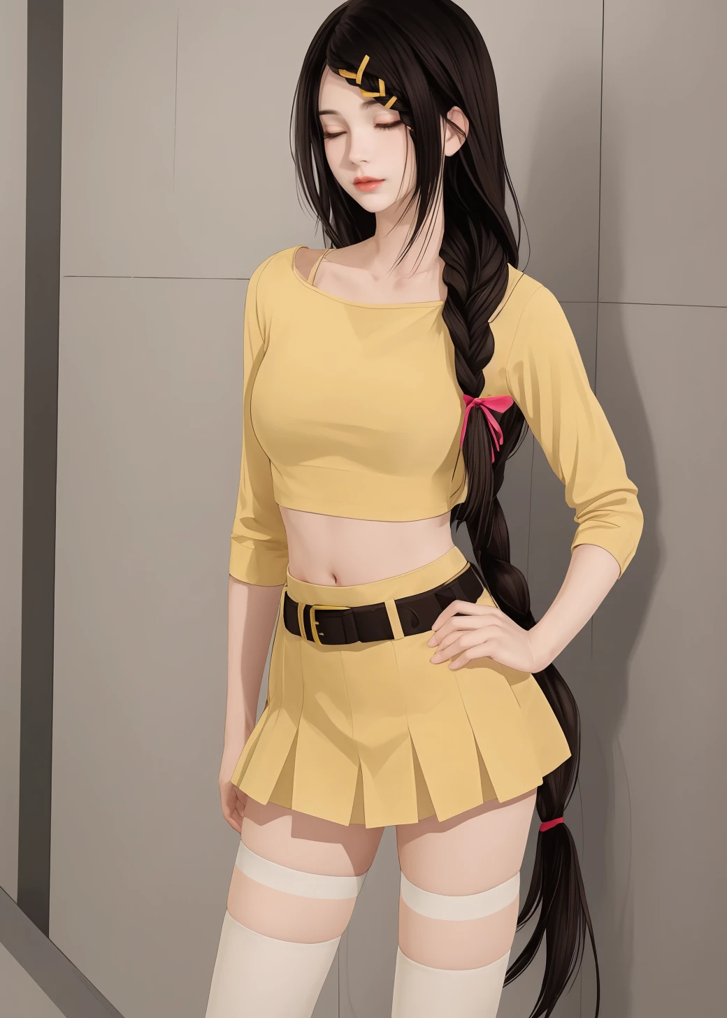 masterpiece,8k high quality detailed,highres,anime,<lora:velvia:0.6>,(solo:1.2),style \(illustraion\),full body,
<lora:AI_Girl_003_v2:0.65>,1girl,black hair,long hair,braid,hair ribbon,ribbon,hair ornament,brown eyes,lips,medium breasts,<lora:MIS_20240423171432:0.5>,MIS,crop top,yellow crop top,skirt,yellow clothes,belt,thighhighs,white thighhighs,sneakers,detailed_face,(Sleepy, Drooping eyelids, half-closed eyes, and a slightly dazed expression.),(Standing with one hand on the chest looking proud),
<lora:more_details:0.4>,realistic clothing texture,realistic_skin_texture,