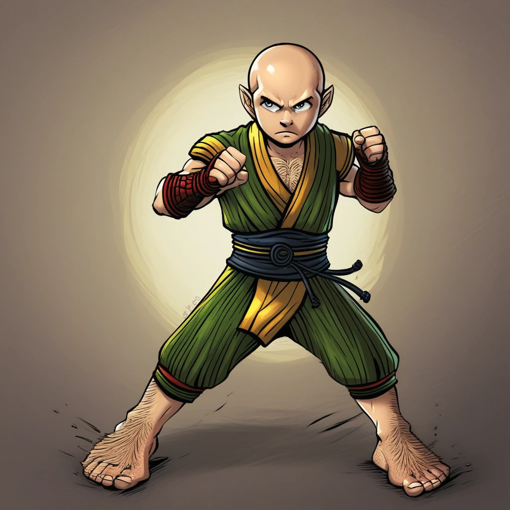 1boy, solo, halflingdnd, barefoot, monk clothing, fighting stance, hairy feet, male focus, bald,