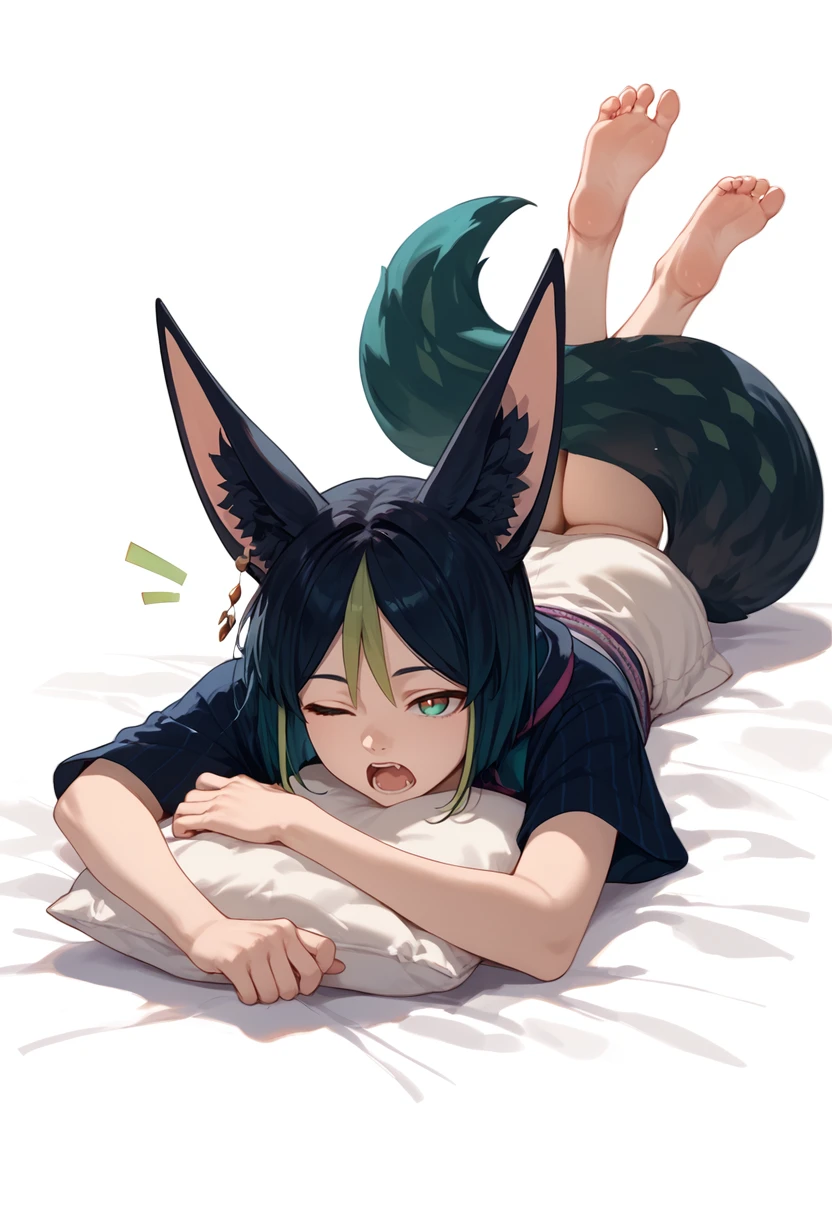 score_9, score_8_up, score_7_up, score_6_up, score_5_up, score_4_up, 

tighnari, 1boy, male focus, tail, fox boy, barefoot, fox tail, one eye closed, yawning, solo, on stomach, feet, lying, open mouth, toes, pillow, soles, looking at viewer