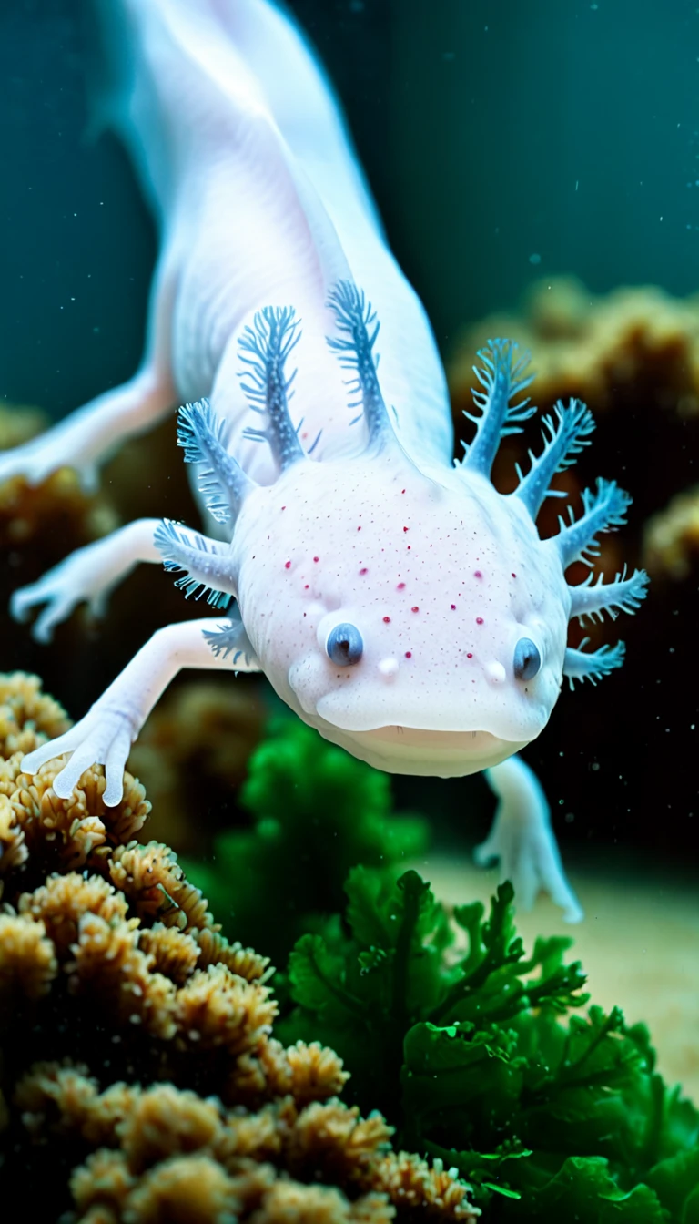 masterpiece, award winning photography, picture of a Axolotl floating underwater, rocks, sand, water plants, close-up photo, underwater photography, extremely detailed,