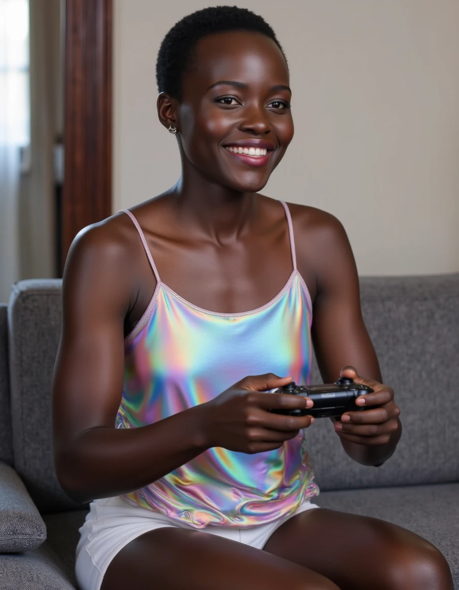 lupita-nyongo, Laser style, she is wearing a loose holographic top with thin straps and a pair of white shorts while sitting on a gray couch and playing a video game with an XBox controller and has a grin on her face  <lora:flux_lupita-128:1.1> <lora:Laser style:0.9>