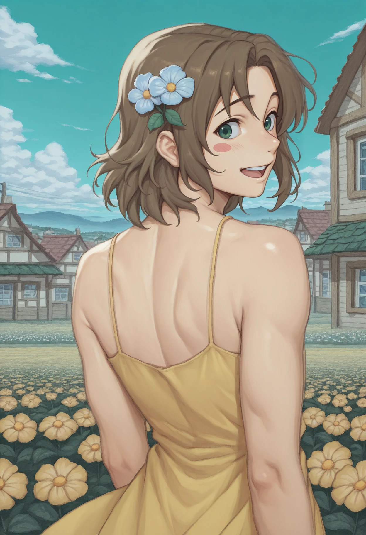 masterpiece, best quality, 1boy, solo, <lora:NSLithuaniaHetalia:1> NSLithMisc, brown hair, medium hair, green eyes, yellow sundress, from behind, looking back, happy, blush stickers, light blue sky, silver clouds, flower pots, rural town, cowboy shot, outdoors, bare back, spaghetti straps, flower in hair