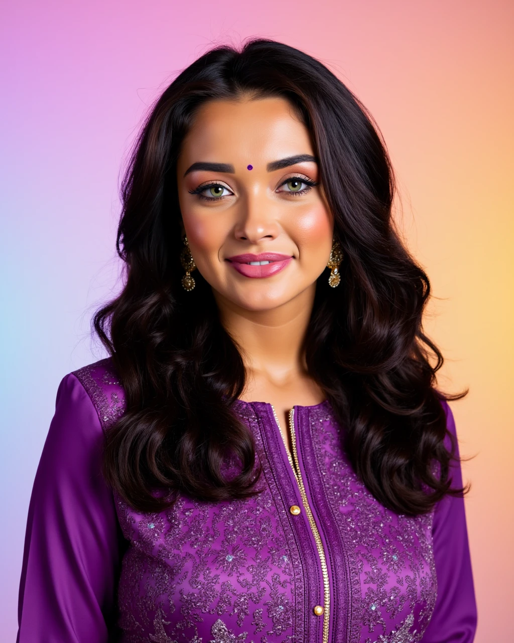 headshot photo of Amy Jackson woman,candid photo with natural colors, grinning expression on face,studio quality, wearing intricate conservative long sleeved Purple Sharara Suit, curls, pastel shaded multicolored background, cinematic soft lighting<lora:TestBed\Amy_Jackson_Flux_Kohya_LoRA_v1.safetensors:1.0:1.0>