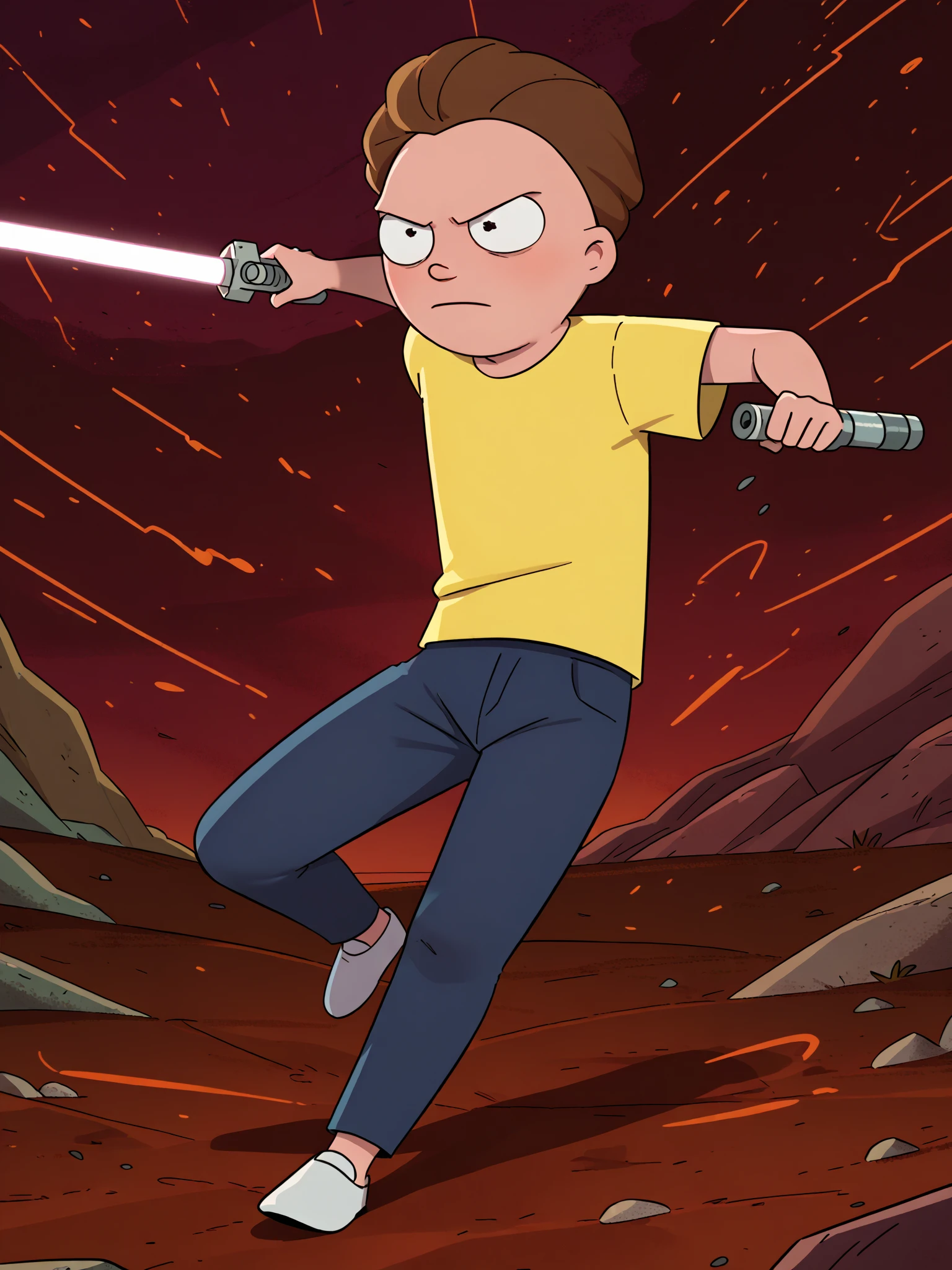 <lora:jmoz_pony:0.8> jmoz_pony, score_9, score_8_up, score_7_up, score_6_up, post-apocalypse, 
  <lora:Morty_Smith__Rick_and_Morty:1> morty smith, 1boy, solo, brown hair, short hair, yellow t-shirt, blue slacks, white sneakers, action pose, holding a light saber