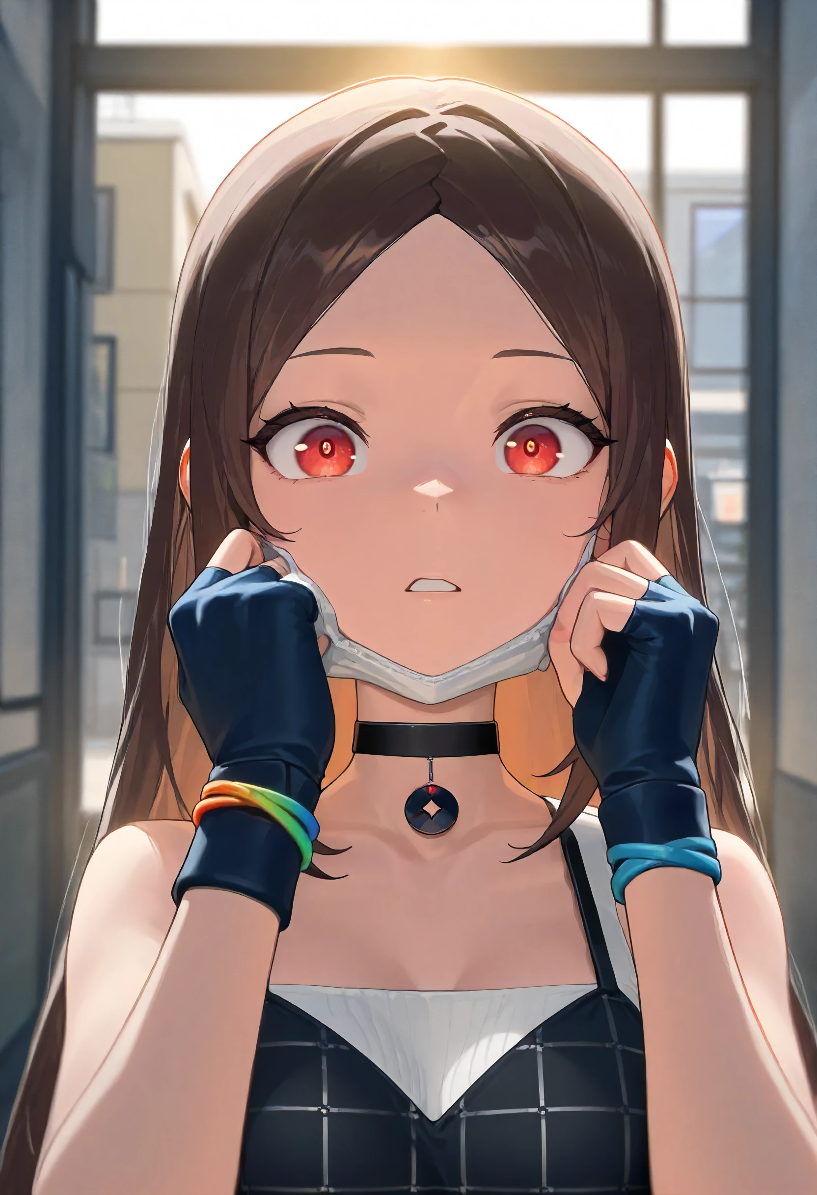 masterpiece, best quality, amazing quality, very aesthetic, absurdres, newest, scenery, volumetric lighting, perfect eyes, ultra detailed,
1girl, solo, brown hair, parted hair,  red eyes,
choker, black heart choker, white top, black top, square pattern top, zip, fingerless gloves, blue and orange wrist bands, removing own facial mask, taking off facial mask,facial mask under chin,
looking at viewer, surprised, parted lips,
sixth street background, detailed background, backlighting,
<lora:NPC_Nameless_masked_girl_-_Zenless_Zone_Zero_ZZZ__Illustrious:0.6>
masterpiece, best quality, amazing quality, very aesthetic, absurdres, newest, scenery, volumetric lighting, perfect eyes, ultra detailed,