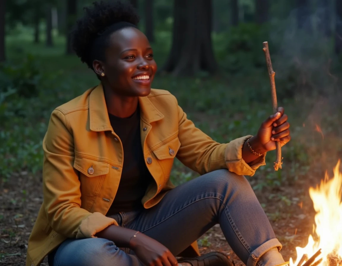 lupita-nyongo is wearing a mustard yellow jacket over a black t-shirt and jeans while sitting on the ground beside a campfire with a twig in her hand.  She is laughing at something funny and is looking off screen at someone   <lora:flux_lupita-128:1.1>