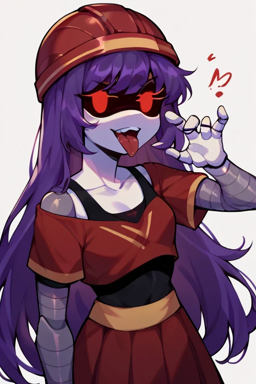 2D, score_9, score_8_up, score_7_up, BREAK, 1girl, solo, D0ll, Purple Hair, long hair, Red Eyes, Robot, Visor, red helmet, Red Crop Top, Black Tank top, red skirt, tongue