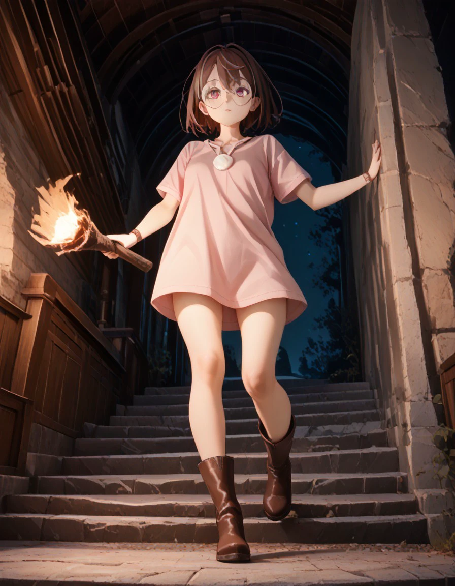 [image]
(masterpiece), best quality, full length, perfect face, view from below
[Character Appearance]
- Female with short brown hair, pink eyes, (large clear round glasses), perfect face, small breasts
- Wearing a long pink t-shirt, brown wrist watch
- bare legs, knee-high brown leather boots
[Pose and Expression]
- (((holding a wooden torch up in her hand)))
- cute but confident
- on stone stairs cautiously walking down them towards a cellar or cave
[lighting]
- dim lighting
- night sky behind, <lora:7e7913f5-efa0-4e2b-a68f-bec37d5978d7:0.7>, <lora:eea8cb71-4b3c-4b27-8be6-010a624ac062:0.7>