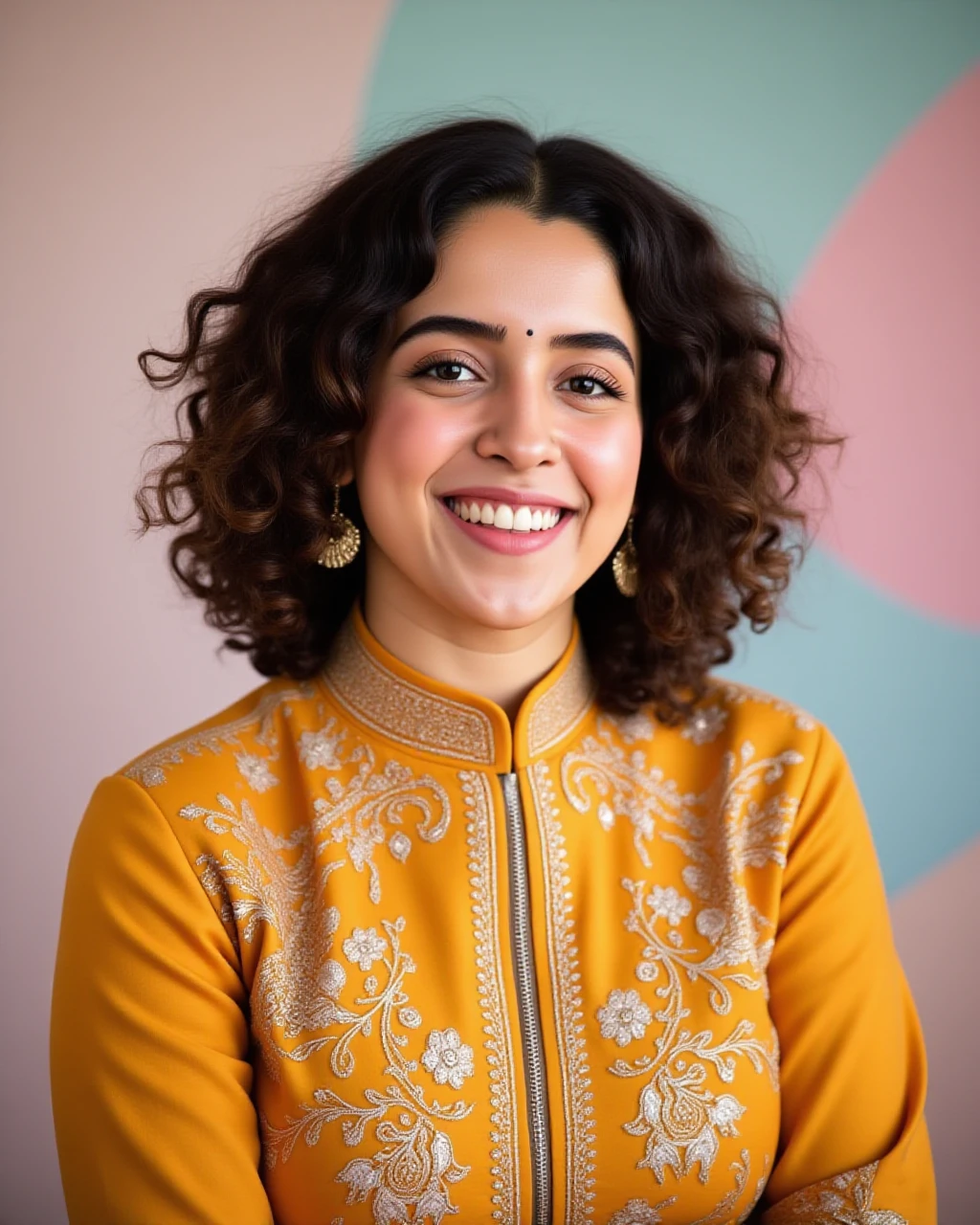 cowboy shot photo of Sanya Malhotra woman,hyper realistic candid photo with natural colors, smiling expression on face,studio quality, wearing intricate conservative turtleneck Ochre Patiala Suit, curls, pastel shaded multicolored background, cinematic soft lighting<lora:TestBed\Sanya_Malhotra_Flux_Kohya_LoRA_v1.safetensors:1.0:1.0>