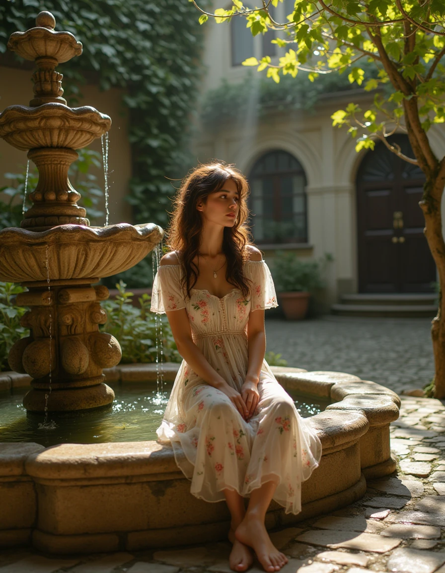 A poetic scene of a young woman sitting on the edge of an ornate stone fountain in a historic courtyard. She wears a flowing dress with floral patterns, her hands gently resting on her lap as water trickles behind her. The camera captures her from a downward angle, revealing the elaborate carvings on the fountain and the cobblestones glistening with water droplets. Her expression is one of quiet introspection, as if lost in thought. Around her, ivy climbs the surrounding walls, and soft sunlight filters through the leaves, casting dappled shadows over the intricate scene.   <lora:Copax_Realistic_Dreamlight_fp8:1>