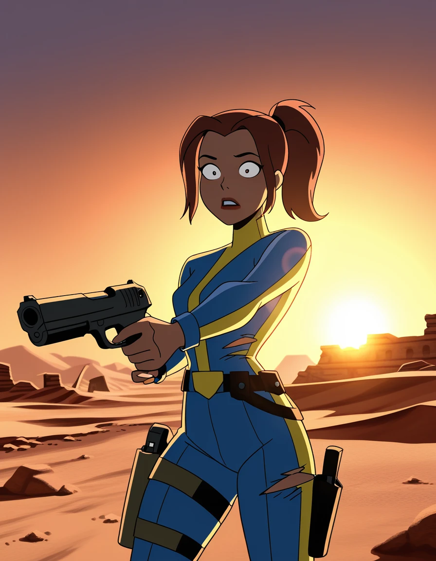 masterpiece, best quality, amazing quality, dcaustyle, solo, woman wearing vault suit from fallout /(series/), brown hair, ponytail, parted bangs, wide-eyed, holding handgun, pointing gun, cowboy shot, thigh holster, torn clothing, blue jumpsuit, vault girl, pip boy, desert, sunset, backlighting, lens flare, ruins, a skull is on the ground