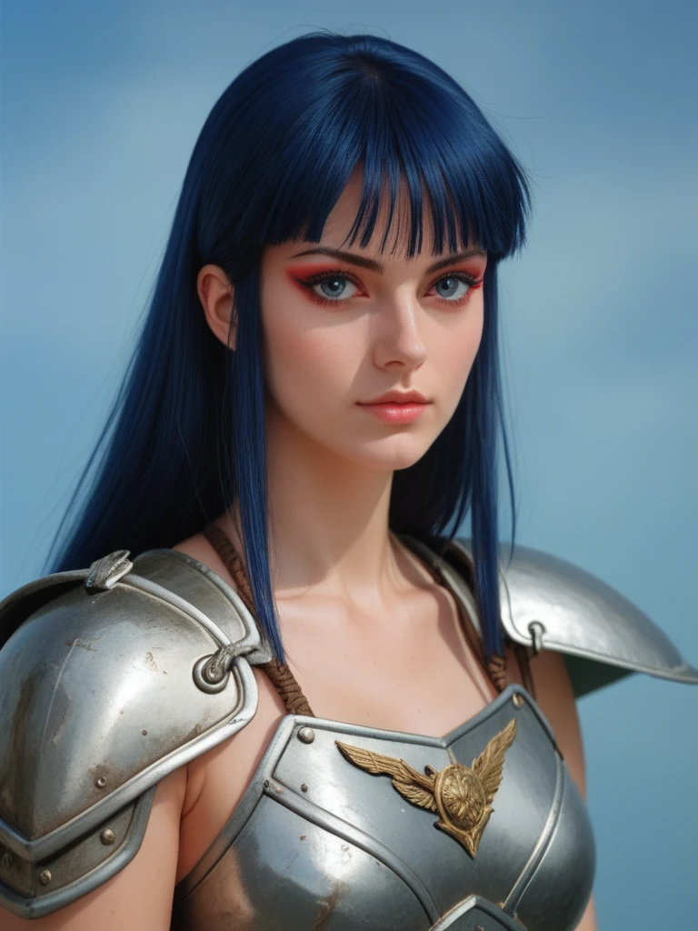 score_9, score_8_up, score_7_up, realistic, <lora:Lady_Kayura:.6>,  ladykayura, kayura, ronin warriors, solo, 1girl, retro, blue hair, 1980s (style), bangs, long hair, blue eyes, portrait, makeup, armor, shoulder armor, gloves, swords