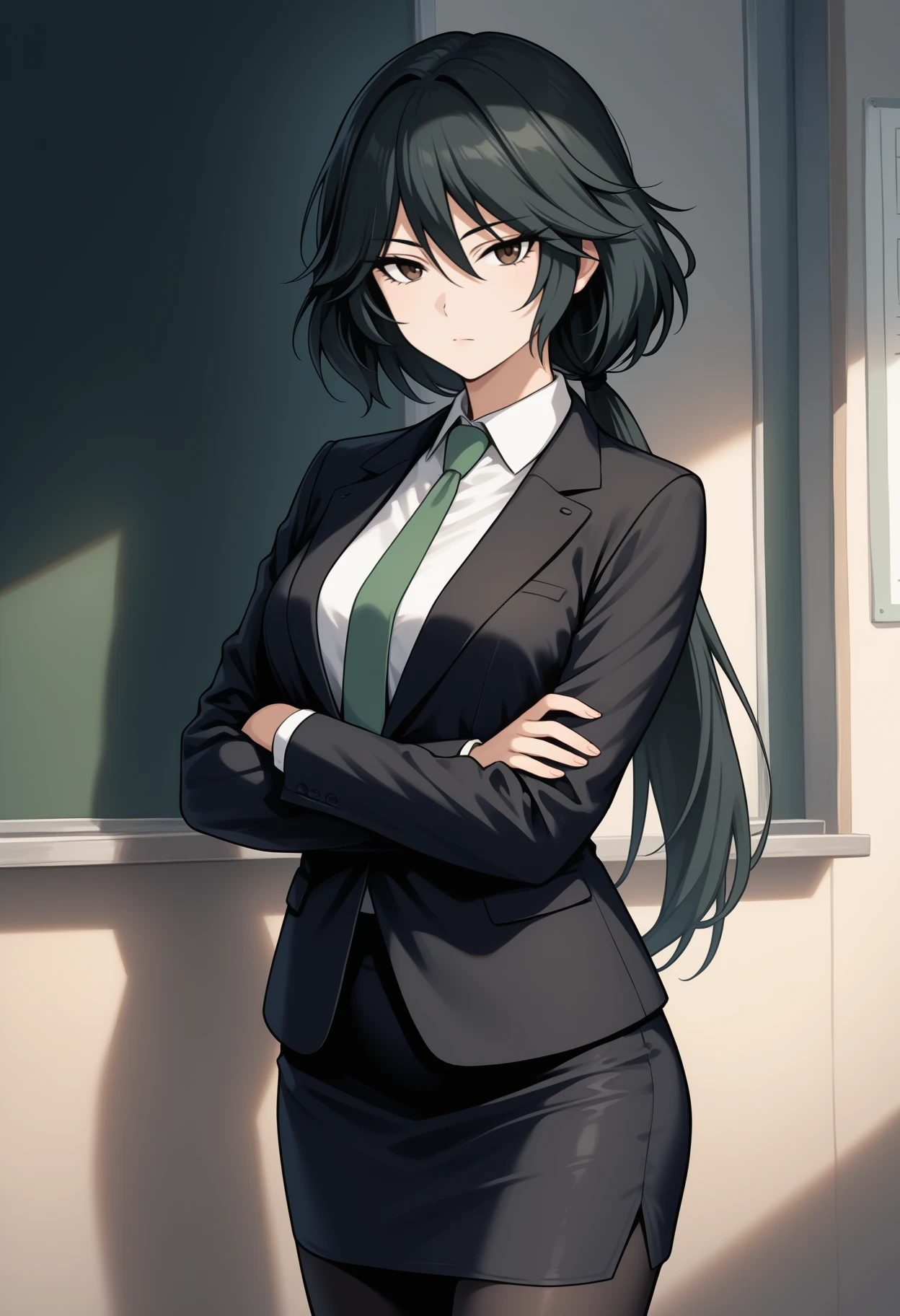 masterpiece, best quality, <break> solo, 1girl, orimura chifuyu, expressionless, looking at viewer, standing, crossed arms, long hair, black hair, low ponytail, brown eyes, formal, skirt suit, black jacket, long sleeves, white shirt, collared shirt, green necktie, black skirt, pencil skirt, black pantyhose, indoors, classroom
<segment:yolo-Anzhc Face seg 640 v2 y8n.pt,0.4,0.5//cid=1>