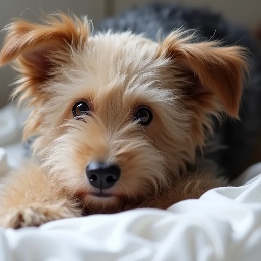 A close-up of a fluffy terrier mix dog named Rubia, lying on a white blanket, curly tan and black fur, with a calm and attentive expression, soft lighting, photorealistic