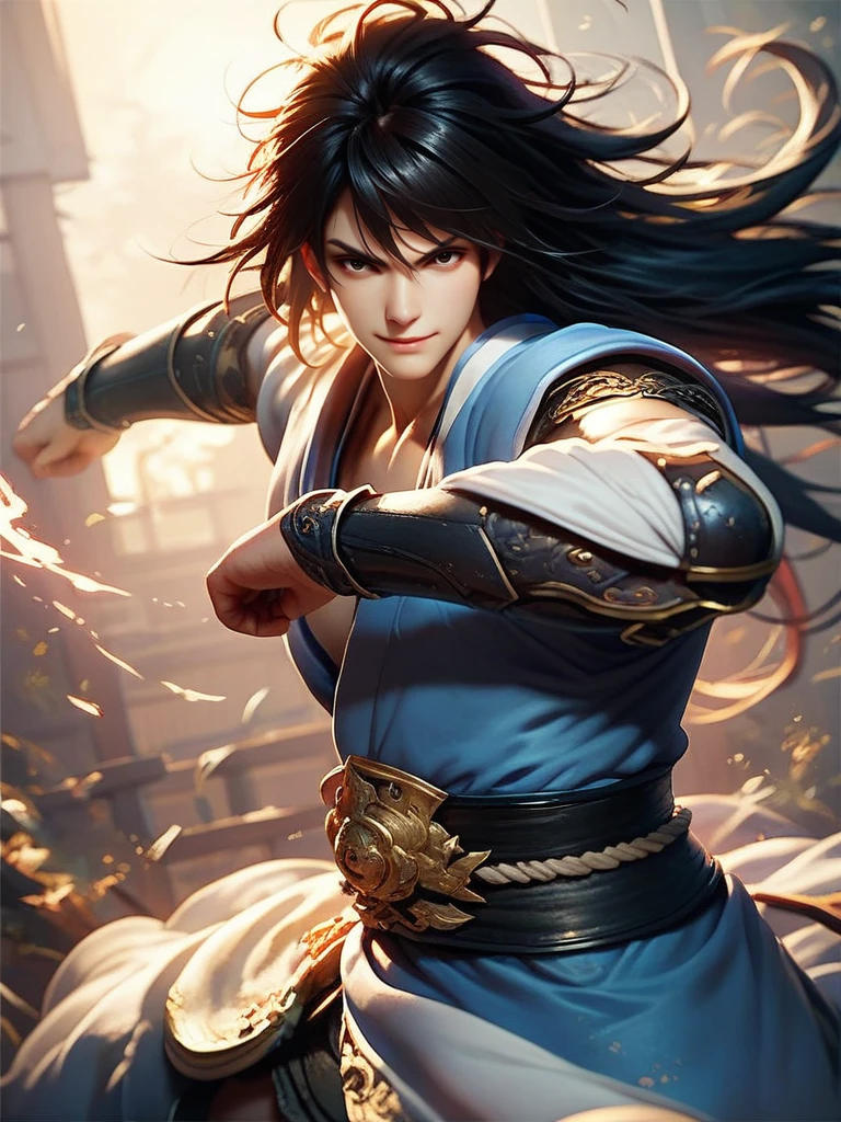 score_9, score_8_up, score_7_up, 1boy, fighting stance, looking at viewer, cowboy shot, smile, wide shot, solo, dutch angle, detailed background,
<lora:ADonghuaMaleXL_style:0.8>,DonghuaXLP, long hair, messy hair, black hair, black eyes, armor, japanese clothes, serious,