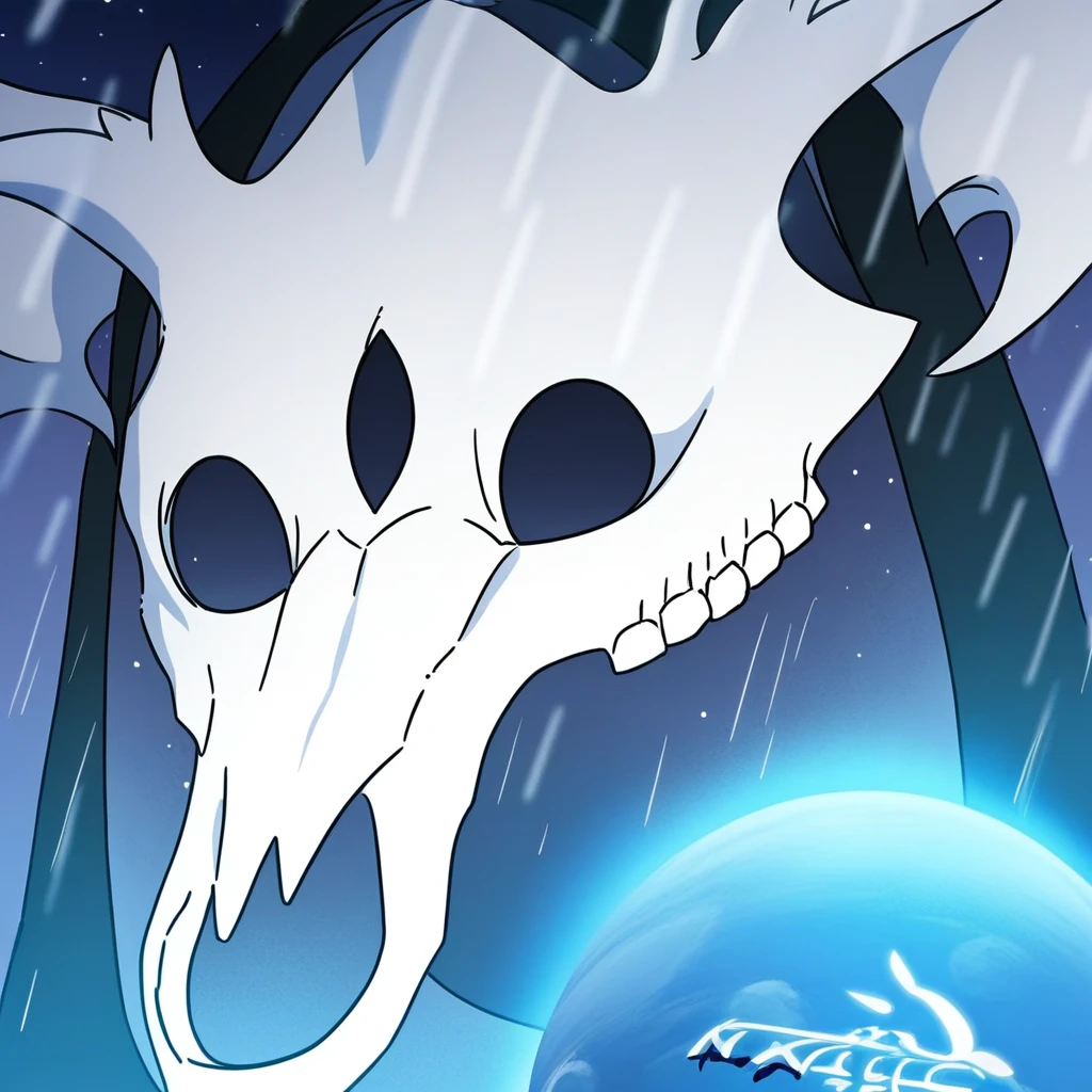 full body, covered eyes, earth (planet), planet, no humans, blue butterfly, cloak, horns, rain, blue theme, black robe, night, animal skull, close-up, dress, solo, facing viewer, skull, english text