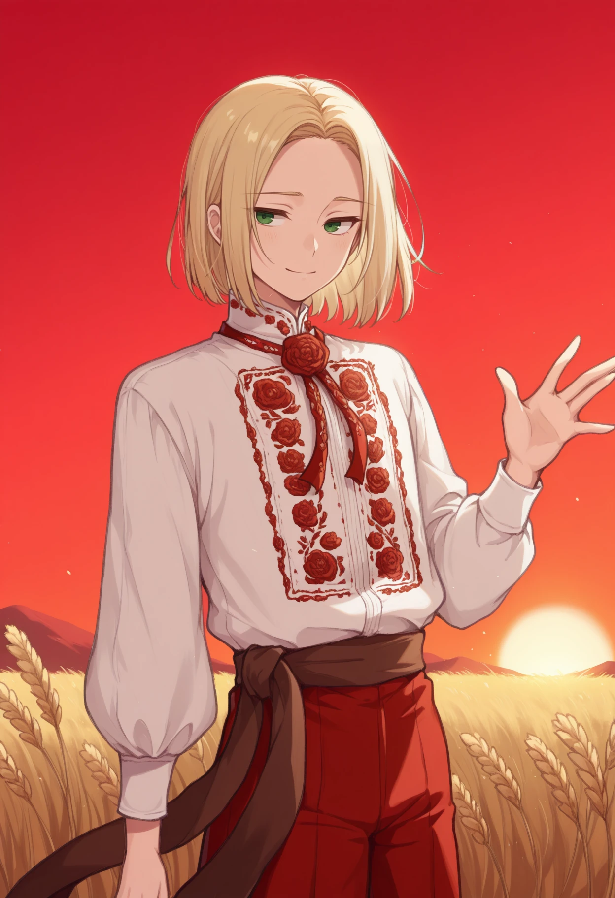 masterpiece, best quality, 1boy, solo, <lora:NSPolandHetalia:1> NSPolandTrad, medium hair, green eyes, blonde hair, androgynous, white shirt, long sleeves, high collar, neck ribbon, red ribbon, embroidery, red pants, brown sash, outdoors, wheat field, sunset, red sky, waving