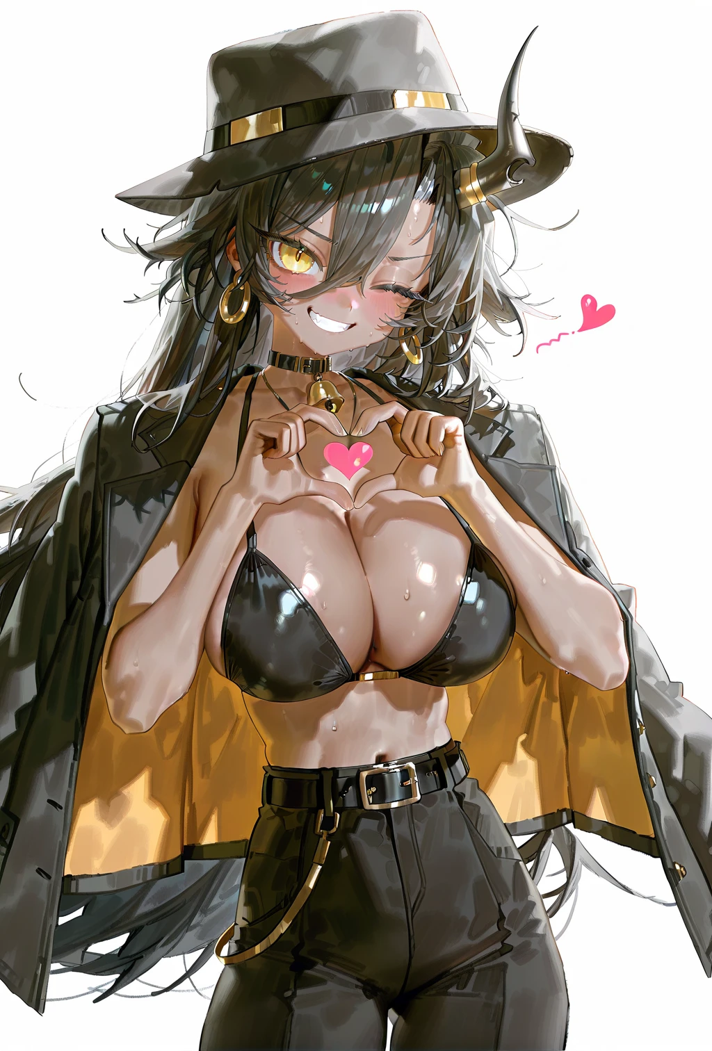 1girl, <lora:Snorky:0.9>, (freng:1.10), (quasarcake:1.10), yellow eyes, black hair, long hair, fedora, large breasts, single horn, dark skin, round earrings, bell necklace, black bikini top, black pants, belt, jacket on shoulders, heart hands, one eye closed, forced smile, embarrassed, (white background:1.2), masterpiece, best quality, amazing quality, very aesthetic, absurdres, newest, scenery,  <lora:deal360acv illustrious 006:0.45>, <lora:dj_sloppa_ill_v2:0.2>, <lora:nyalia:0.35>