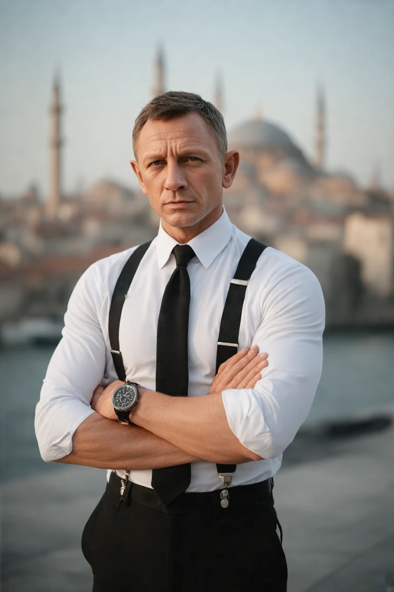 This sigma  male  meme is a photograph of a Daniel  Craig   standing in front of a blurred urban skyline, possibly a city like Istanbul, with its iconic minarets and domes visible in the background. The man is dressed in a formal white dress shirt with a black tie and suspenders, exuding a sophisticated and slightly vintage style. His shirt sleeves are rolled up, and he wears a black wristwatch on his left wrist. The man has short, neatly combed hair and a serious, determined expression on his face, looking directly into the camera.

Superimposed over the image is a motivational quote in bold, white, uppercase letters. The quote reads: "BE THE REASON WHY WOMEN CARRY PEPPER SPRAY" The text is centered and slightly overlapping the man's torso, emphasizing the message.

The overall tone of the image is motivational and inspirational, with the man's stern expression and the urban background suggesting themes of resilience, ambition, and progress. The photograph uses a high contrast and sharp focus on the man, making him stand out against the softer, more blurred background, which adds depth and emphasis to the message. The lighting is natural, likely taken during the golden hour, giving the image a warm and dramatic feel.