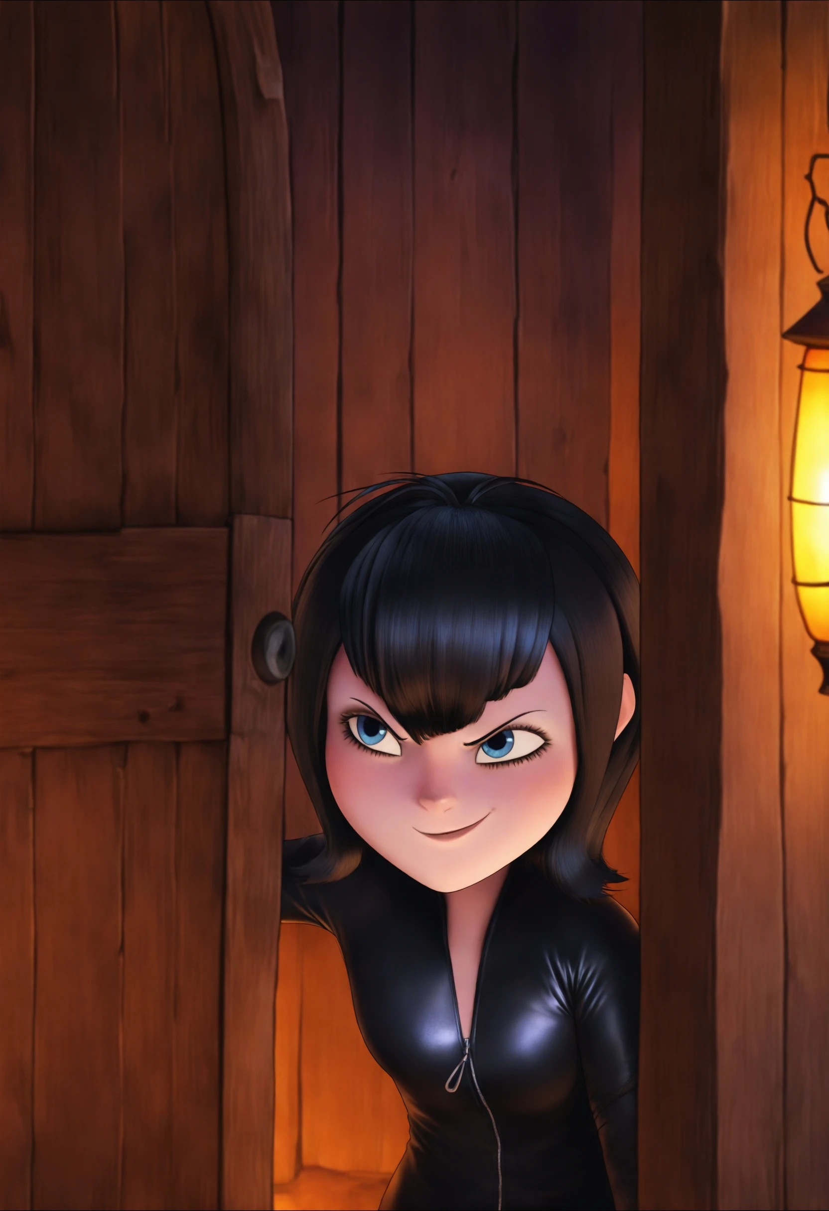 <lora:Mavis Dracula - [Hotel Transylvania] - illustriousXL v1:1>, sysdeep_mavis, black hair, blue eyes, solo, dark leather outfit, leaning, against a tavern door, smirking, lanterns flickering