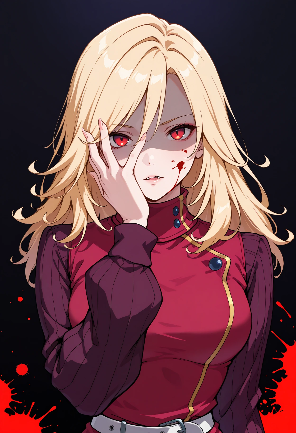 masterpiece, best quality, 1girl, solo, upper body, looking at viewer, <lora:YokoCV-illu:1> yokoCV, blonde hair, long hair, red eyes, parted lips, fangs, peeking through fingers, hand on own face, pale skin, fingernails, shaded face, red dress, pencil dress, medium breasts, turtleneck, long sleeves, sweater, white belt, abstract background, blood on face, blood splatter