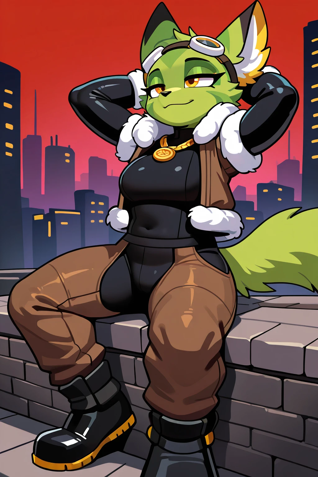 feminine, masterpiece, best quality, newest, absurdres, highres, corazon_tea, furry, goggles, brown fur-trimmed jacket, open clothing, open jacket, black bodysuit, fingerless gloves, fur-trimmed gloves, gold necklace, brown pants, crotchless bottomwear, black-white boots, sitting on brick wall, city background, urban, ((cityscape)), arms behind head, relaxed, yellow eye-markers,
BREAK
(((red background))), boxed background, outdoor, dark setting, dynamic background, <lora:Corazon_Tea_IL:1>