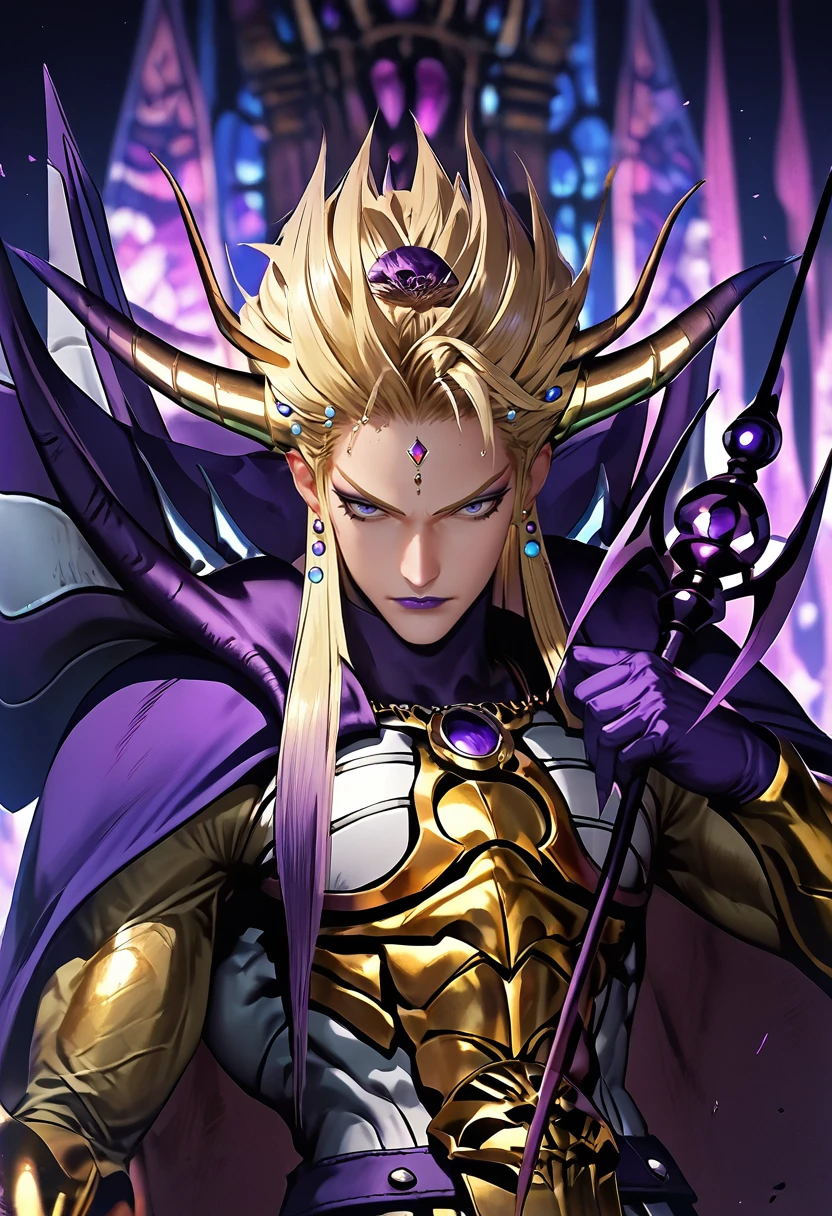 score_9, score_8_up, score_7_up, (masterpiece:1.2), (best quality:1.3), source_anime, 1boy, muscular, fighting stance, <lora:Emperor_Mateus_Final_Fantasy:0.8> empmat_ff, makeup, purple lipstick, cape, gold armor, gloves, looking at viewer, simple background, portrait, throne, scepter, low light, dark, dim, cinematic lighting, high contrast, rim lighting, ray_tracing, global illumination, glow