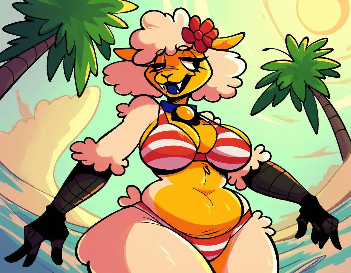 Solo, Furry, Anthro, Sheep, Female, E621, Wearing Bikini, Standing, Big Curves, Front View, Hands Behind Back, Huge Ass, Huge Breasts, Simple Background,by Jessie Willcox Smith
