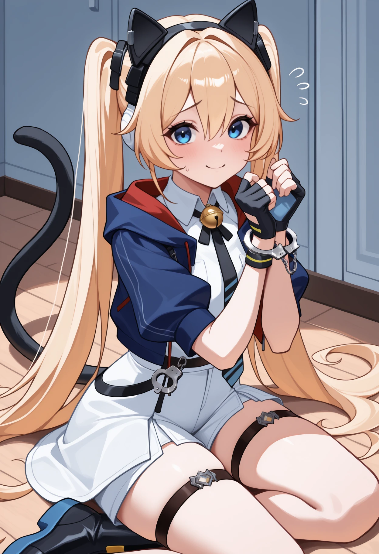 masterpiece, best quality, <break> foot out of frame, solo, 1girl, m1chele, cat tail, nervous smile, looking at viewer, on ground, yokozuwari, restrained, bound wrists, handcuffs, hands up, flying sweatdrops, long hair, blonde hair, hair between eyes, twintails, animal ear headphones, blue eyes, raised eyebrows, blue jacket, cropped jacket, open jacket, short sleeves, white shirt, collared shirt, neck bell, diagonal-striped necktie, black necktie, blue necktie, black gloves, fingerless gloves, white skirt, white shorts, thigh strap, black footwear, boots, indoors, wooden floor
<segment:yolo-Anzhc Face seg 640 v2 y8n.pt,0.4,0.5//cid=1>