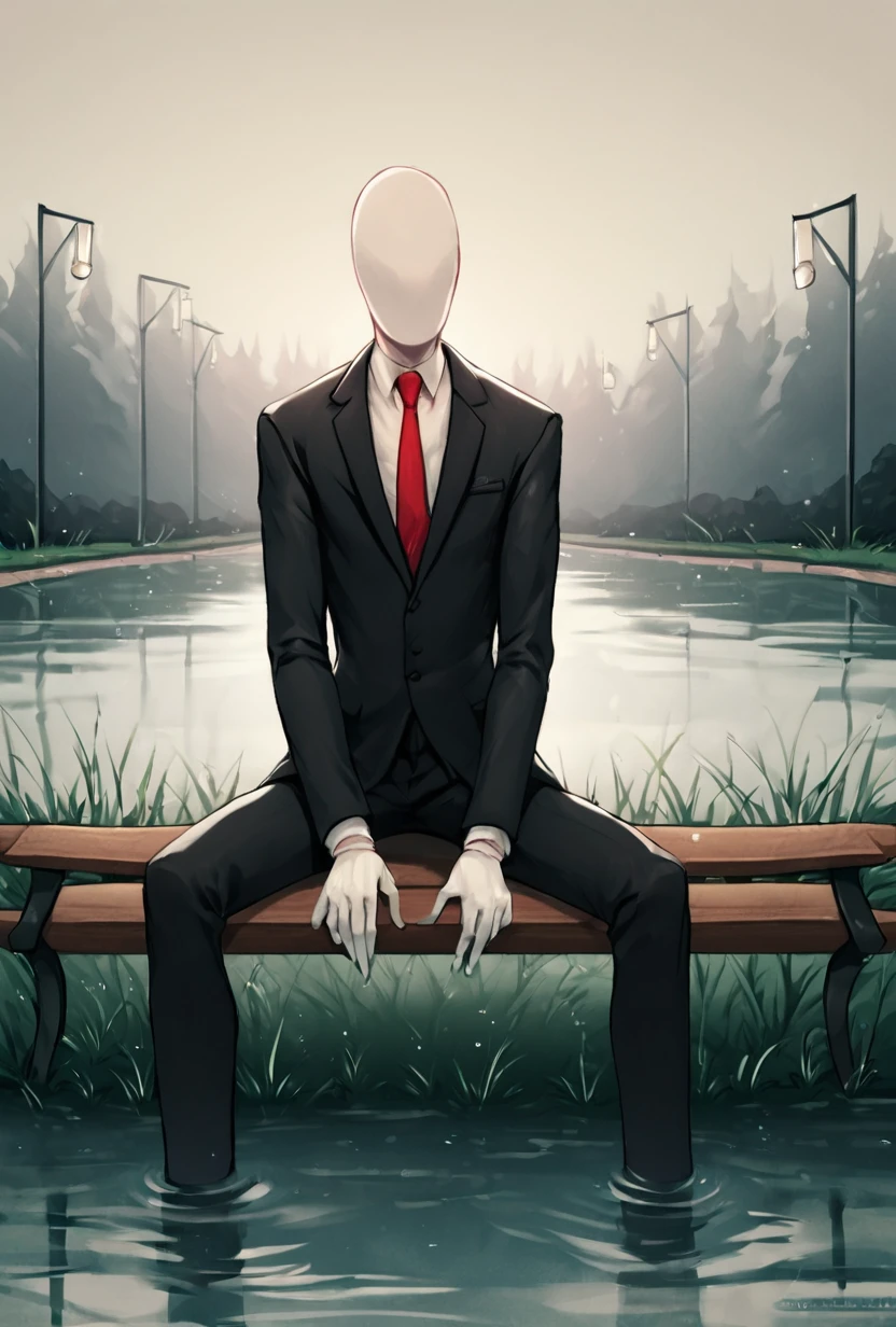 score_9, score_8_up, score_7_up abandonend building, post appocalypse, character focus, fog, night time, solo <lora:slenderman-10:1> slenderman, necktie, black coat, formal, 1boy, solo, faceless, , white hands, white gloves, outdoors, public location, public park, sitting on bench, pond, lake, grass,