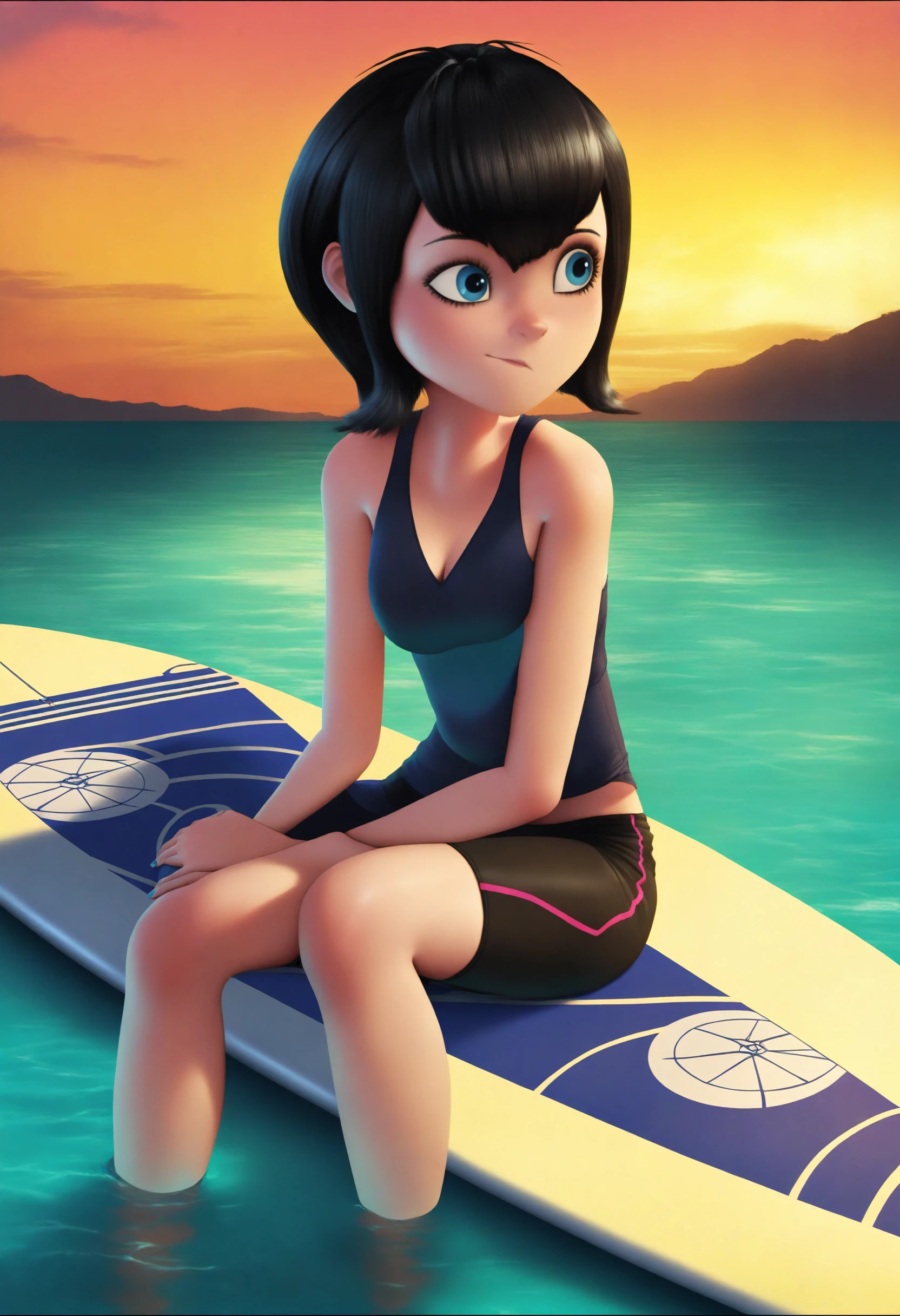 <lora:Mavis Dracula - [Hotel Transylvania] - illustriousXL v1:1>, sysdeep_mavis, black hair, blue eyes, solo, board shorts and tank top, sitting, on a surfboard, in the water, waiting for waves