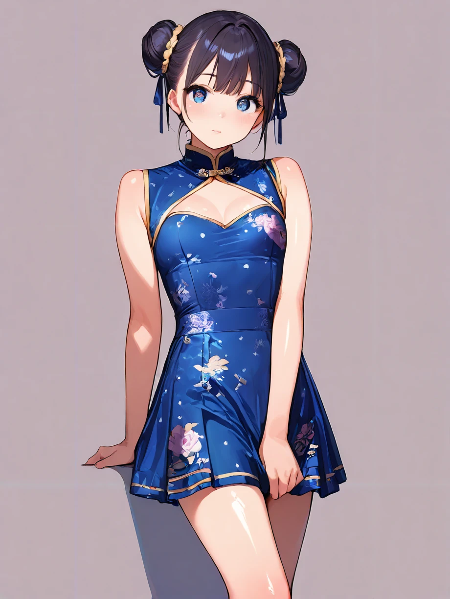 solo,1gir,simple background 
break,,cute face,beautiful face,clean skin ,shiny hair,photographic hair,ultra-detailed-eyes,eyelashes
break,masterpiece,ultra-detailed,best quality,amazing quality,8K,CG,UHD,illustration,vivid,
break, <lora:china dress_illustrious_V2.0:0.7> jyojifuku, china dress, double bun,skirt