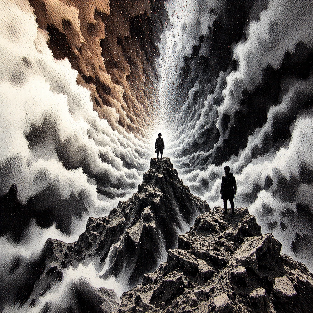 Pointillism, Exploration of Chaos in the Mountain of Fate: A wanderer scaling jagged peaks, the winds shifting unpredictably with every step.