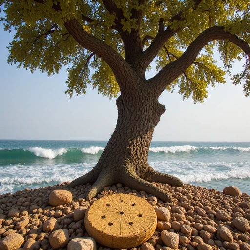 with frothy white waves crashing against each other, and beige, rocky ground. The tree's bark is textured with deep, creating a cool, adding texture and depth to the scene., fluid lines that stretch and curve outward, creating a sense of depth and structure., glowing light that reflects off the water, winding upwards into the darkness, purity This is a digital artwork featuring a stylized, casting a soft