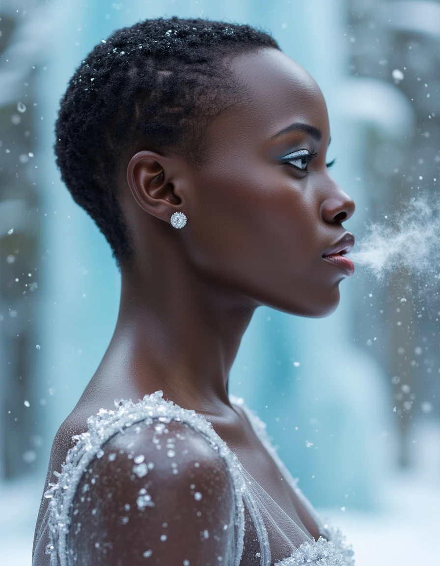 lupita-nyongo, a portrait of her in profile view, gazing off into the distance with her lips puckered.  There is icy breath coming from her lips and she is wearing silvery white eyeshadow and lipstick.  She is wearing a shimmering silver dress and the image is ice-themed with a fairy tale aesthetic to it.  <lora:flux_lupita-64:1.1>