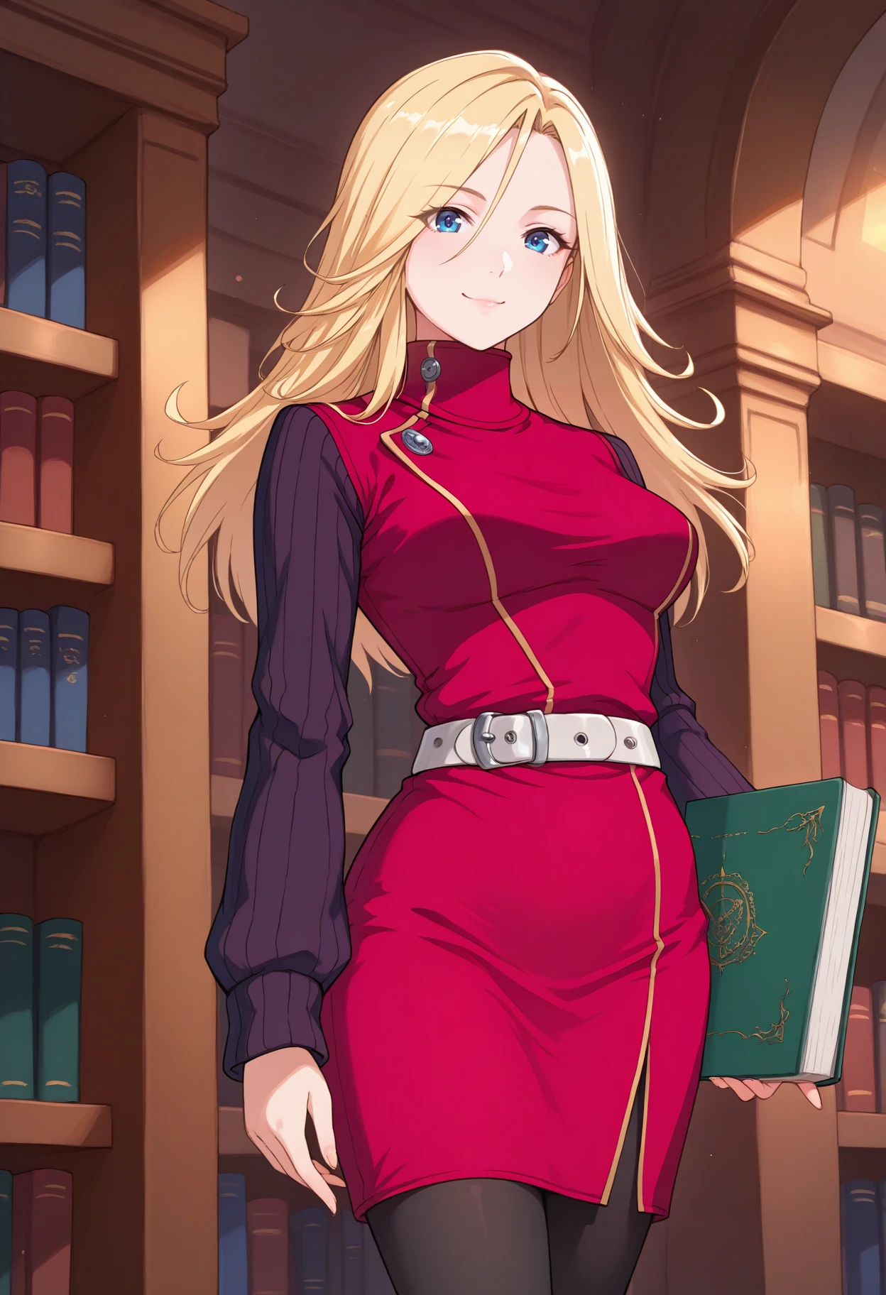 masterpiece, best quality, 1girl, <lora:YokoCV-illu:*****koCV, blonde hair, long hair, blue eyes, red dress, pencil dress, medium breasts, turtleneck, long sleeves, sweater, white belt, black pantyhose, looking at viewer, smile, standing, open book, library, indoors