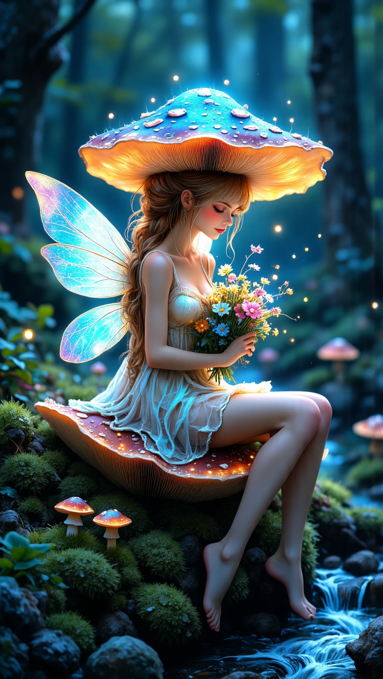 mythp0rt,  

A delicate fairy with translucent, iridescent wings sits on a mossy toadstool in an enchanted forest. Her mushroomhat, resembling a glowing blue bioluminescent cap, emits a soft ethereal light. Tiny fireflies dance around her as she cradles a bouquet of wildflowers, her dress shimmering like dew in the moonlight. A distant babbling brook completes the serene scene.
 