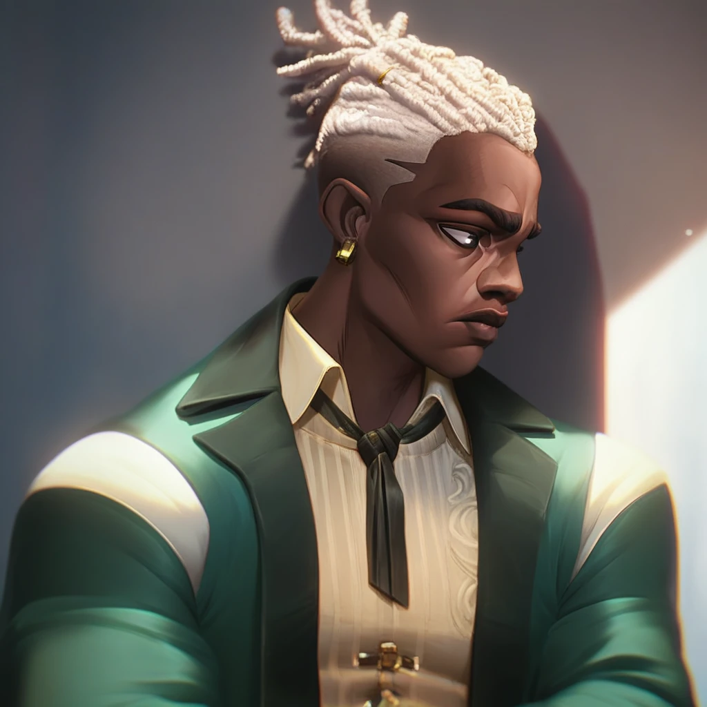 male focus, solo focus, solo, score_9, score_8_up, score_7_up, <lora:AltEkko:1> 1boy, Ekkoaltoutfit2, dark skin, dark-skinned male, earrings, jewelry, dredlocks, white hair,  jacket, shirt, green jacket,