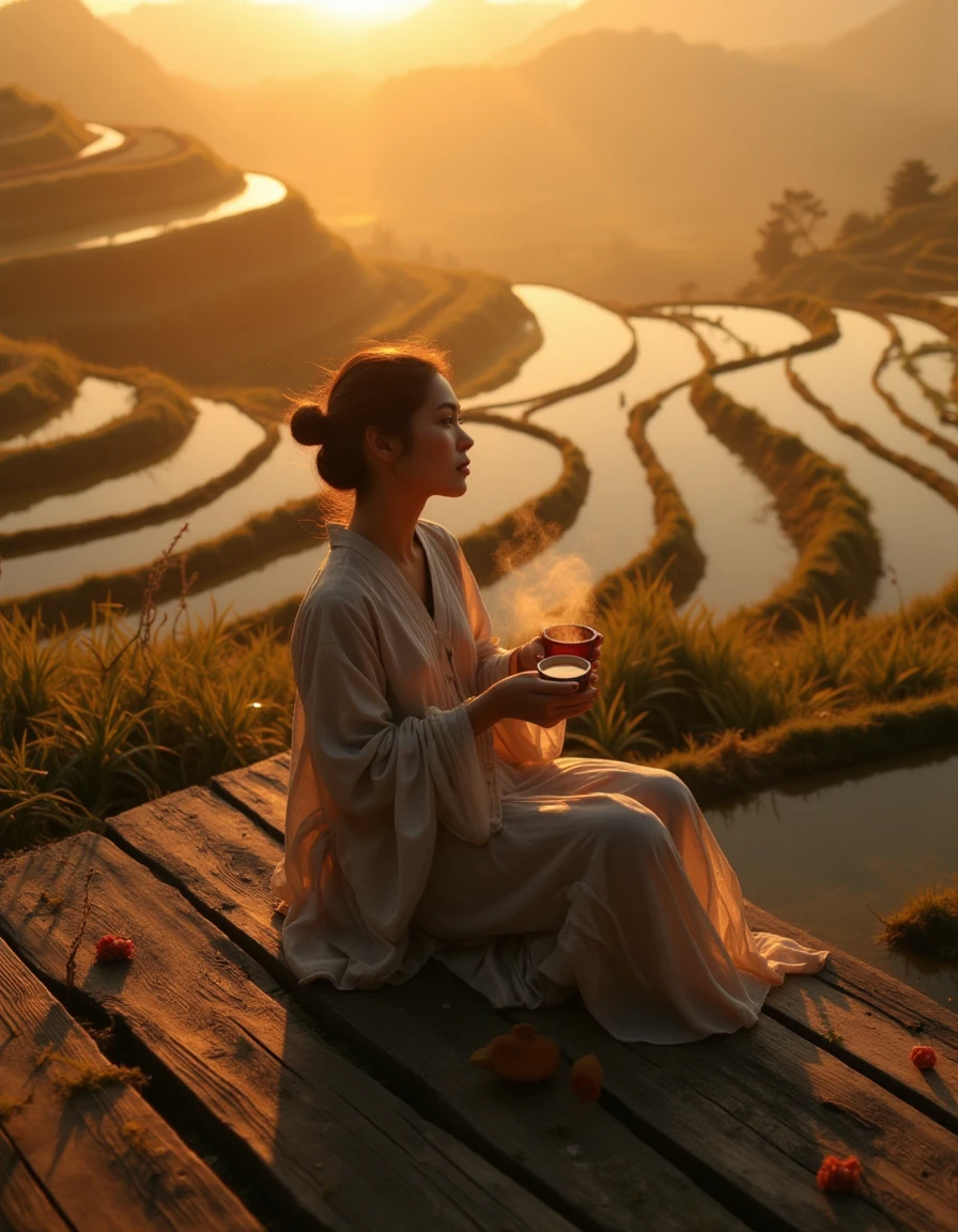 An artistic shot of a woman seated on a low wooden platform overlooking a terraced rice field at sunrise. She wears a traditional outfit, her hands gently holding a small cup of tea, steam rising delicately in the cool morning air. The camera captures the scene from an upward angle, with the terraces stretching infinitely behind her, each layer reflecting the golden light of the rising sun. Her expression is peaceful, her gaze directed toward the horizon. The details of the platformâs aged wood, the soft ripples in the water-filled terraces, and the early morning mist create a rich, harmonious composition.   <lora:Copax_Realistic_Dreamlight_fp8:1>