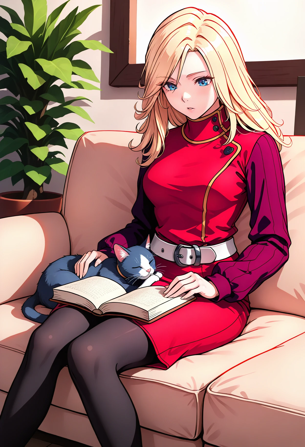 masterpiece, best quality, 1girl, sitting, limited palette, lineart, animal on lap, cat, open book, reading, parted lips, <lora:YokoCV-illu:*****koCV, blonde hair, long hair, blue eyes, red dress, pencil dress, medium breasts, turtleneck, long sleeves, sweater, white belt, black pantyhose, living room, couch, potted plant, purple sleeves