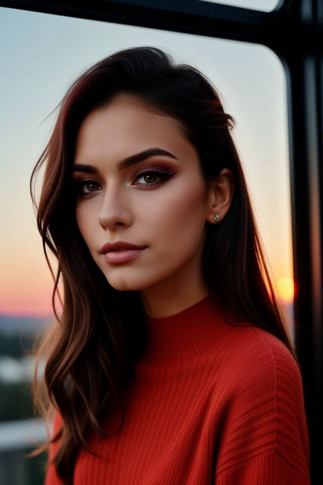 ****ung cute brazilian girl, 20 years old, very slim, skinny, redhead, rouge, red neck lace choker, cateyes makeup, colorful, oversize knit jumper, softcore, warm lighting, cosy atmosphere, Instagram style, red theme, upper body shot,(cinematic, black and red:0.85), (sunset beautiful background:1.3), sharp, dim colors
absurdly beautifu, perfect face, makeup, detailed hair, perfect face, perfect lips, perfect eyelashes,