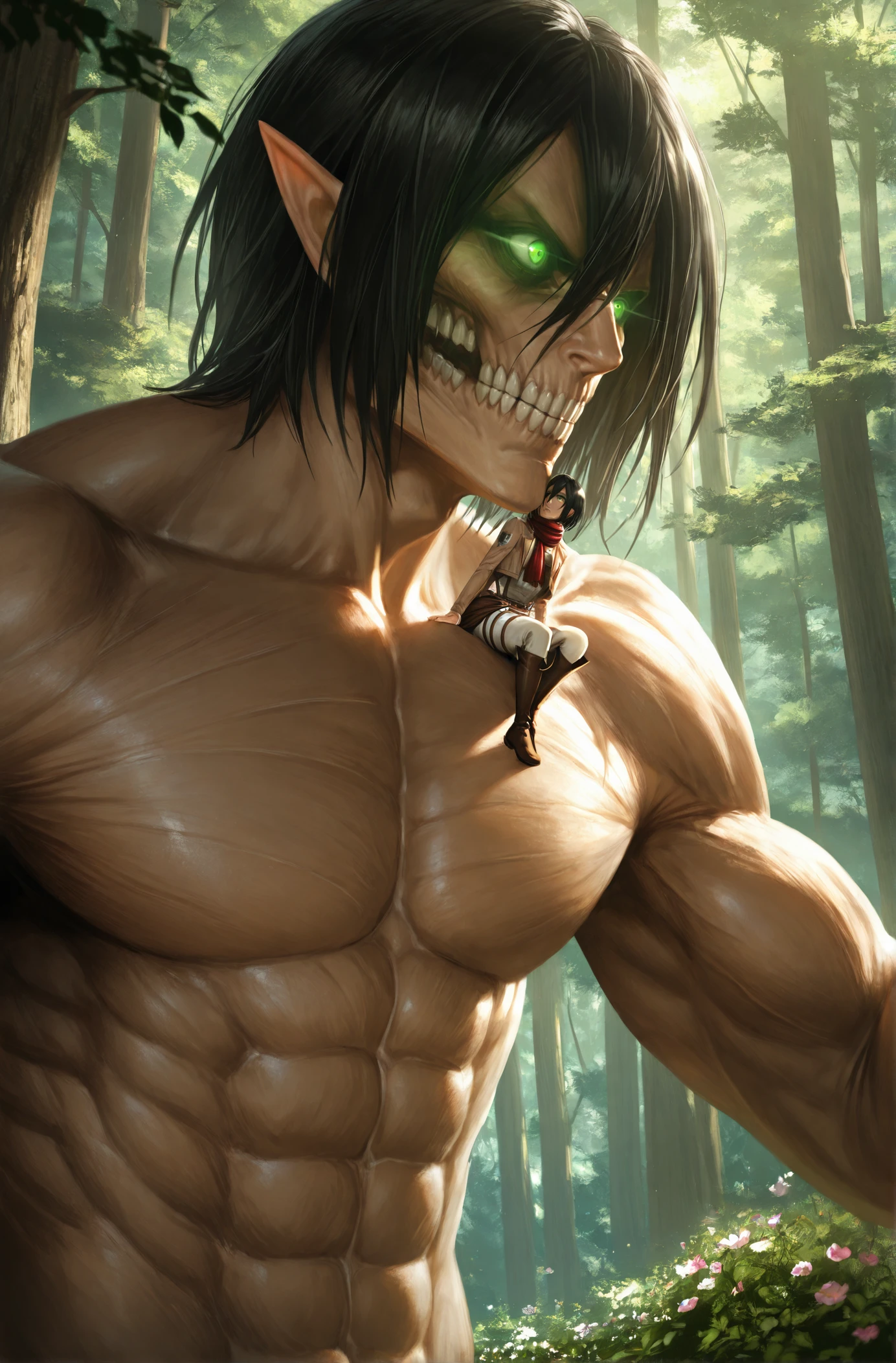 masterpiece, best quality, 2.5D ,  realistic, attack titan solo, scenery, forest, flowers, soft lighting,  <lora:Attack titan IL:0.8> attack titan, male focus, black hair, teeth, muscular, pointy ears,  abs, green eyes, glowing eyes, giant,  size ratio difference, 1 girl sits on shoulder, mikasa, black hair,