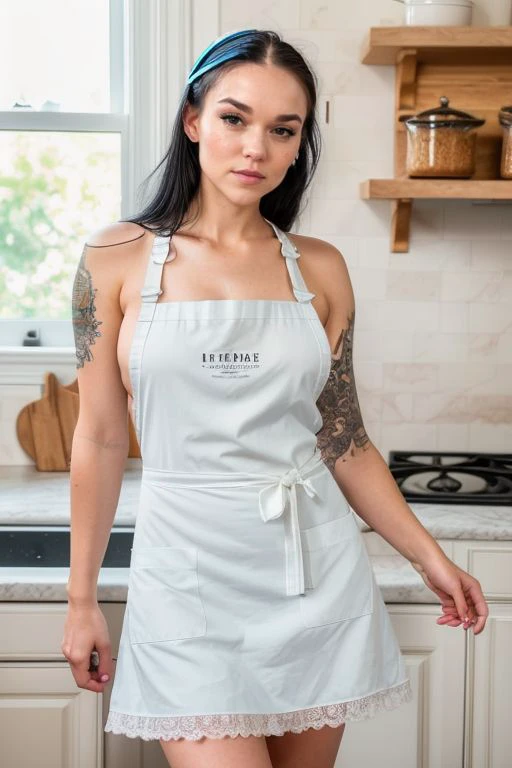 masterpiece, best quality, extremely detailed, hyperrealistic, photorealistic, a pretty brazilian woman, with various tattoos, baking cake:1.1, kitchen, plain apron:1.2, ultra detailed face, detailed eyes, pointy nose, smiling
