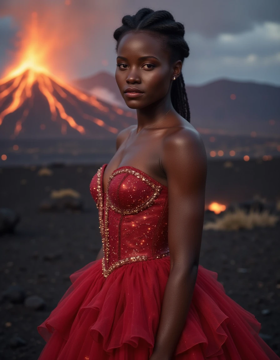 lupita-nyongo is standing in front of an erupting volcano with glowing lava and is wearing an elegant red dress with glowing trails of glitter running down the dress.  She has a braided hairstyle and is looking at the viewer with a serious expression.  Portrait.  <lora:flux_lupita-128:1.1> <lora:Glowing_Galaxy_Cracks_Flux:0.6>