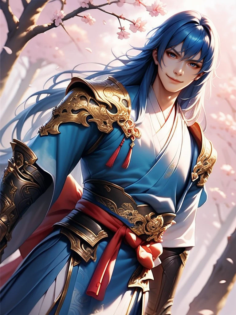 score_9, score_8_up, score_7_up, 1boy, looking at viewer, cowboy shot, smile, wide shot, solo, dutch angle, detailed background, cherry blossoms, forest,
<lora:ADonghuaMaleXL_style:0.8>,DonghuaXLP, long hair, blue hair, blue eyes, bangs, armor, japanese clothes, evil smile,