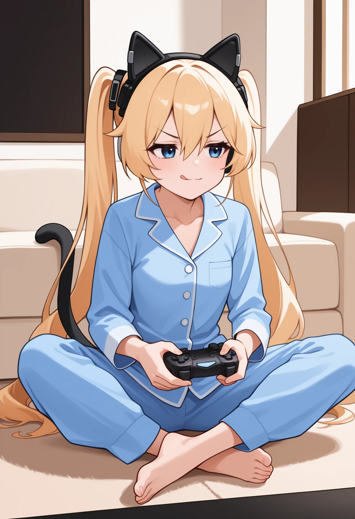 masterpiece, best quality, <break> solo, 1girl, m1chele, cat tail, smug, closed mouth, tongue out, looking away, sitting, indian style, couch, holding controller, playstation controller, long hair, blonde hair, hair between eyes, twintails, animal ear headphones, blue eyes, v-shaped eyebrows, blue pajamas, blue shirt, long sleeves, blue pants, barefoot, indoors, living room, window, glass
<segment:yolo-Anzhc Face seg 640 v2 y8n.pt,0.4,0.5//cid=1>